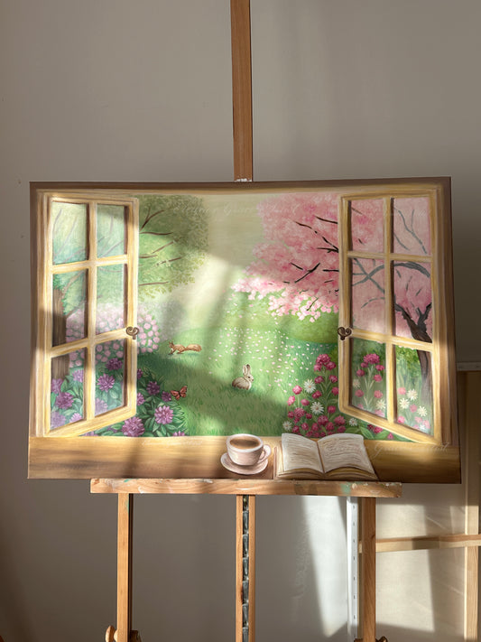 Painting of a garden scene with a window frame, cup, and book on an easel.