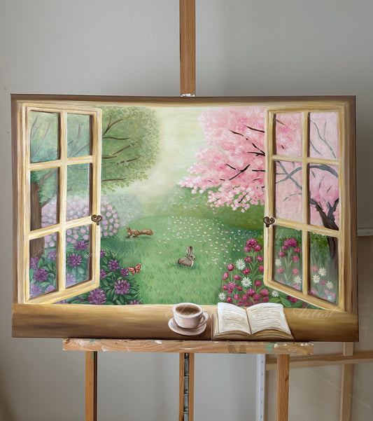 Painting of a garden scene through a window with a cup and book on an easel.